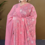 Baby Pink Star Georgette Saree - Silver Star Sequin & Heavy Border Work