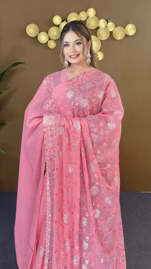 Baby Pink Star Georgette Saree Silver Star Sequin Heavy Border Work 1