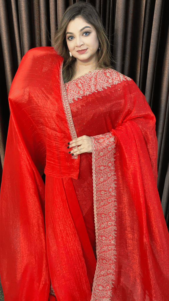 Bright Red Jimmy Choo Saree Pare Cutwork Embroidery 1