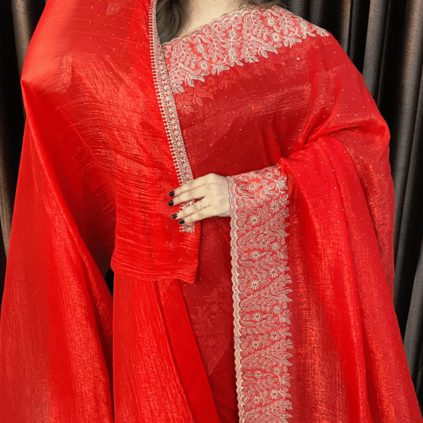 Bright Red Jimmy Choo Saree - Pare Cutwork Embroidery