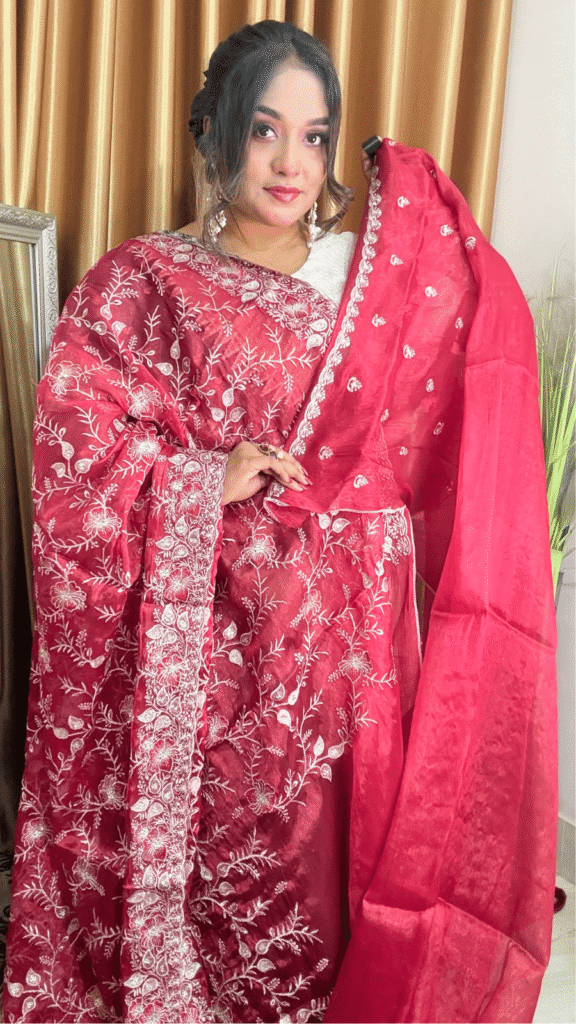 Cherry Red Jimmy Choo Saree White Embroidery 1