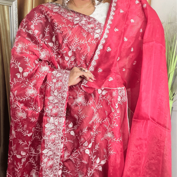 Cherry Red Jimmy Choo Saree - White Embroidery