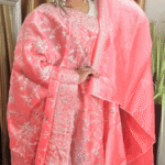 Coral Peach Jimmy Choo Saree - White Work