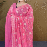 Hot Pink Star Georgette Saree - Silver Star Sequin & Heavy Border Work