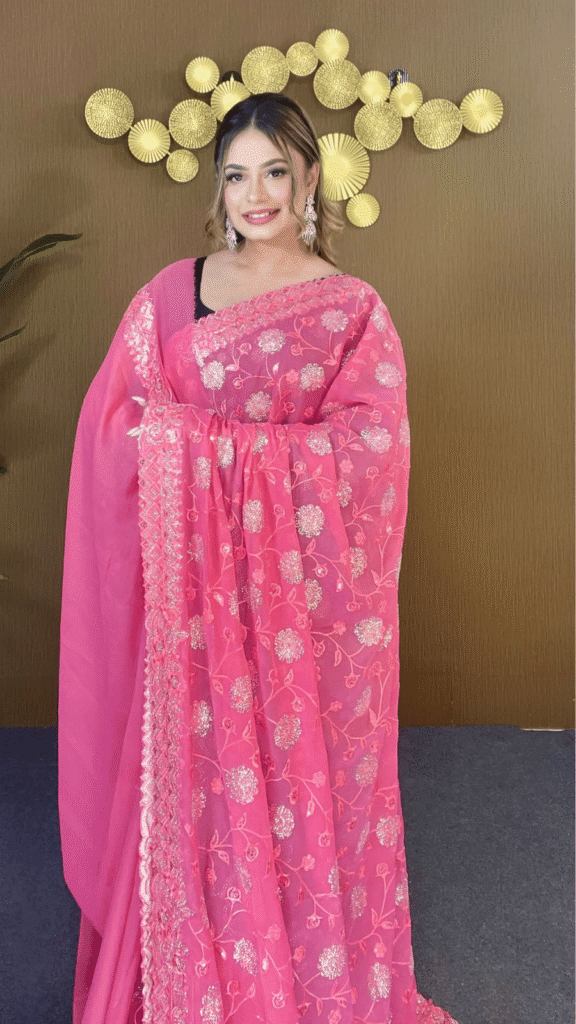 Hot Pink Star Georgette Saree Silver Star Sequin Heavy Border Work 1
