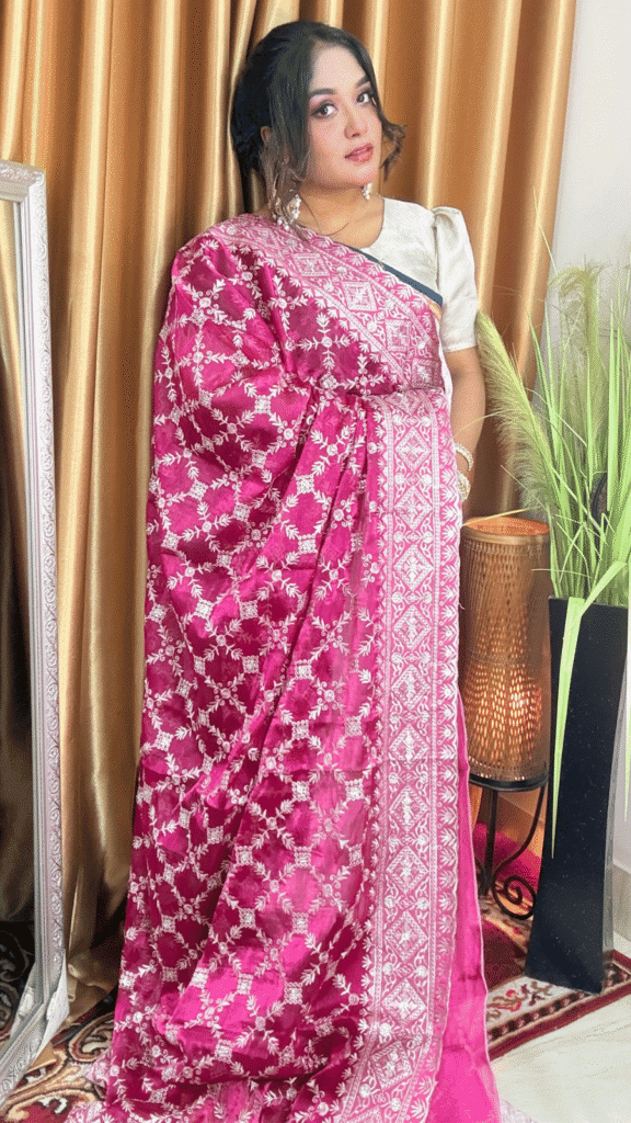 Magenta Cross Jimmy Choo Saree White Work 1