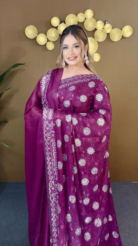 Magenta Star Georgette Saree Silver Star Sequin Heavy Border Work 1