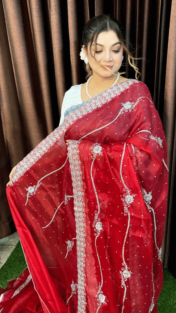 Maroon Red Jimmy Choo Tesri Saree Silver Jaal Embroidery