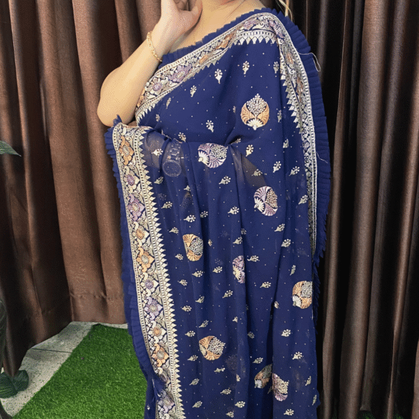 Navy Blue Georgette Saree - Embroidery