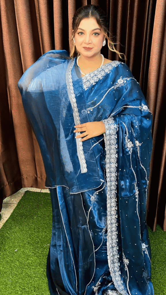 Navy Blue Jimmy Choo Tesri Saree Silver Jaal Embroidery 1