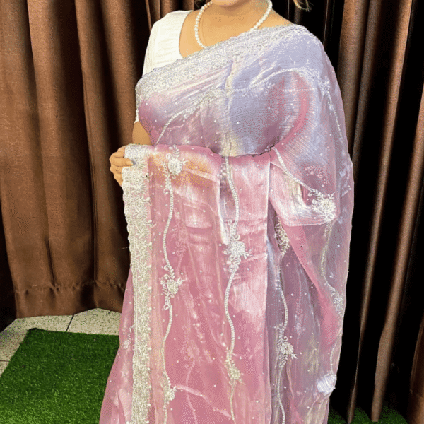 Onion Pink Jimmy Choo Tesri Saree - Silver Jaal Embroidery