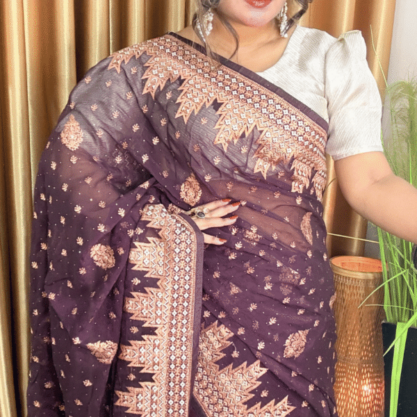 Plum Purple Georgette Saree - Zari Border