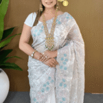 Pure White Jimmy Choo Party Saree - Multicolor Floral Embroidery with Cutwork Border