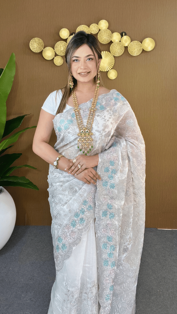 Pure White Jimmy Choo Party Saree Multicolor Floral Embroidery with Cutwork Border 1