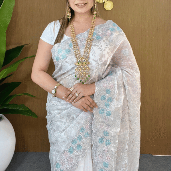 Pure White Jimmy Choo Party Saree - Multicolor Floral Embroidery with Cutwork Border