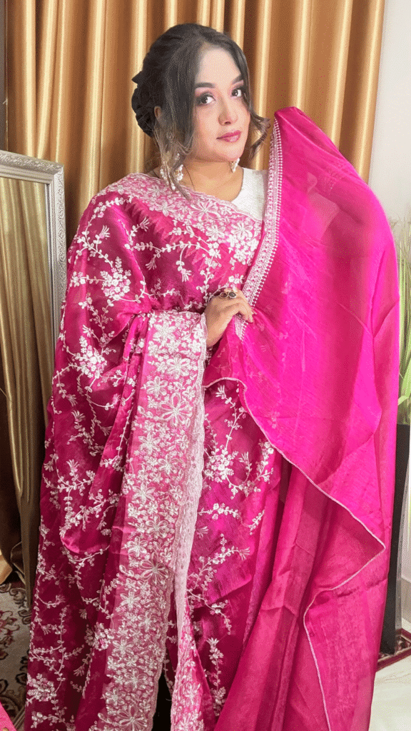 Rani Pink Jimmy Choo Saree White Floral Work 1