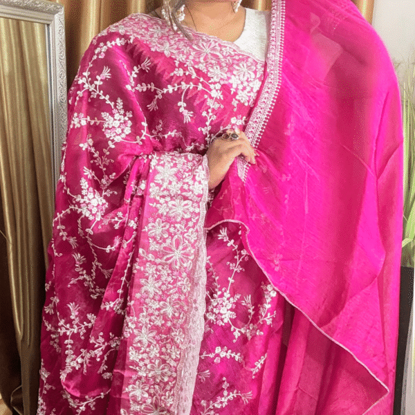 Rani Pink Jimmy Choo Saree - White Floral Work