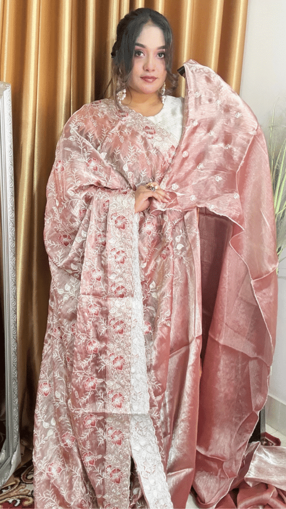 Rose Gold Jimmy Choo Saree Red Floral Work 1