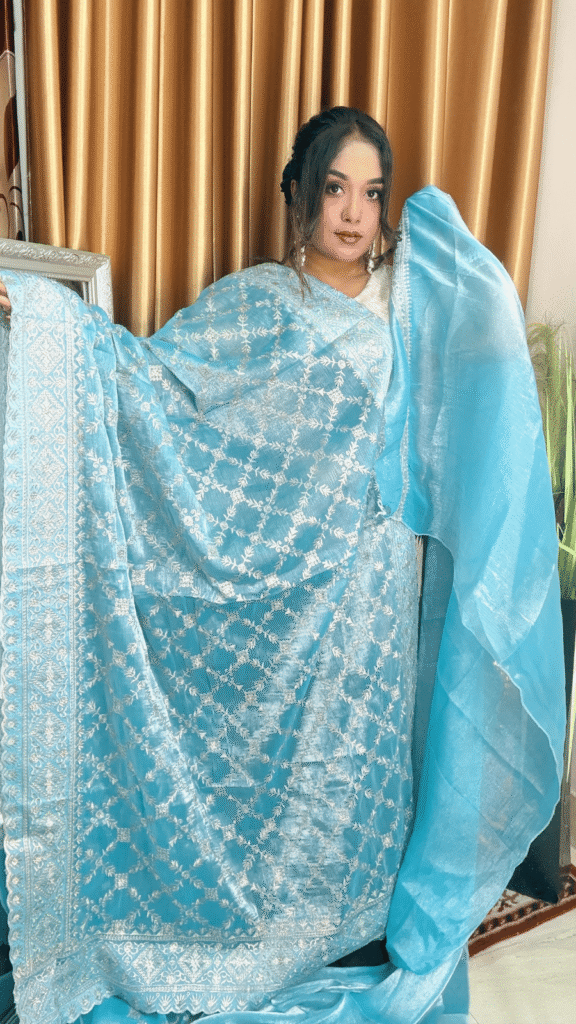 Sky Blue Cross Jimmy Choo Saree Silver Work 1