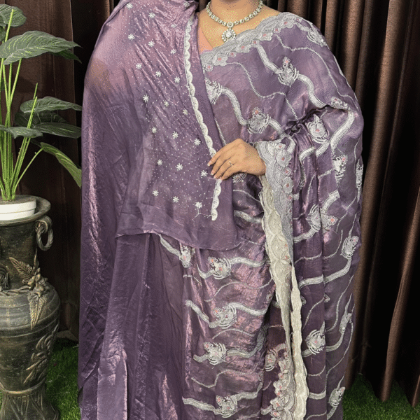 Smoky Lavender Saree - Tesri Work