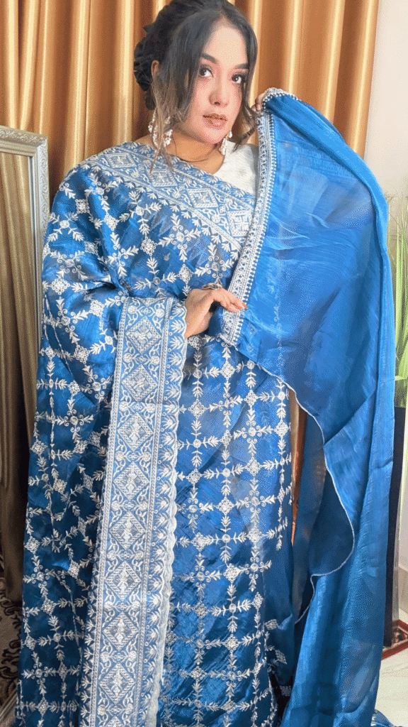 Teal Blue Cross Jimmy Choo Saree White Work 1