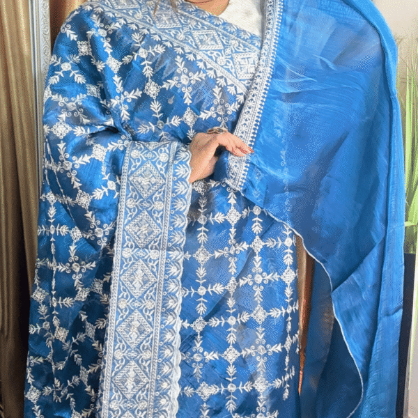 Teal Blue Cross Jimmy Choo Saree - White Work