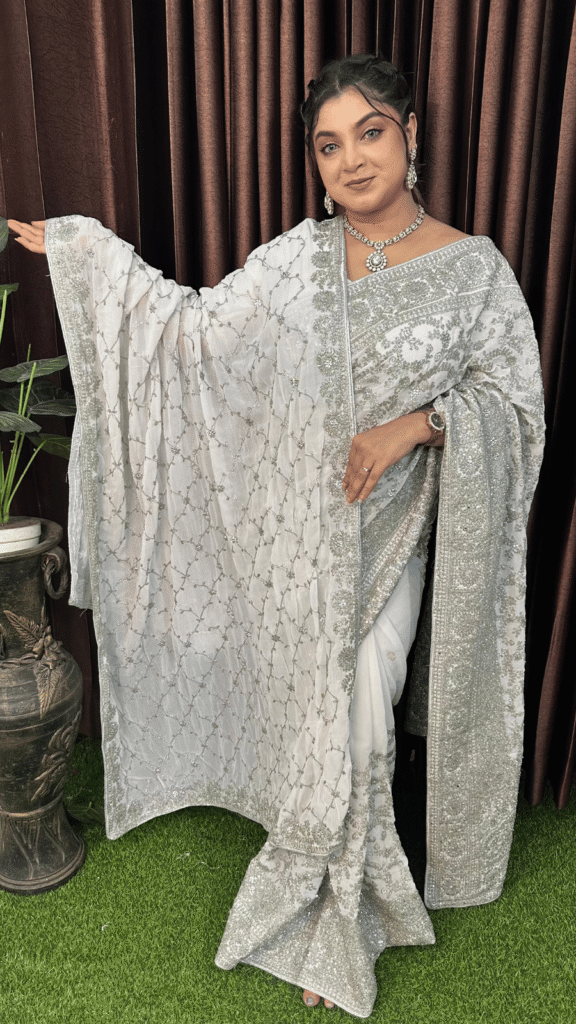 White Georgette Bare Saree Heavy Silver Sequin Work 1