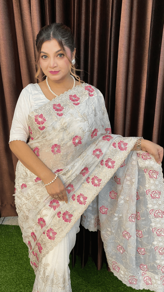 White Jimmy Choo Saree Hot Pink Flower Embroidery 1