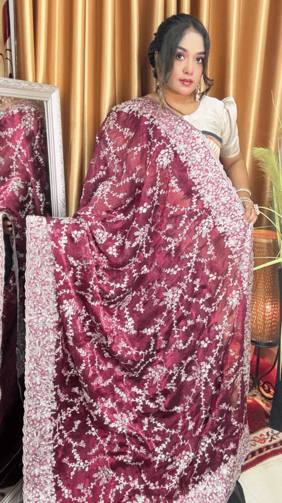 Wine Magenta Jimmy Choo Saree White Floral 1