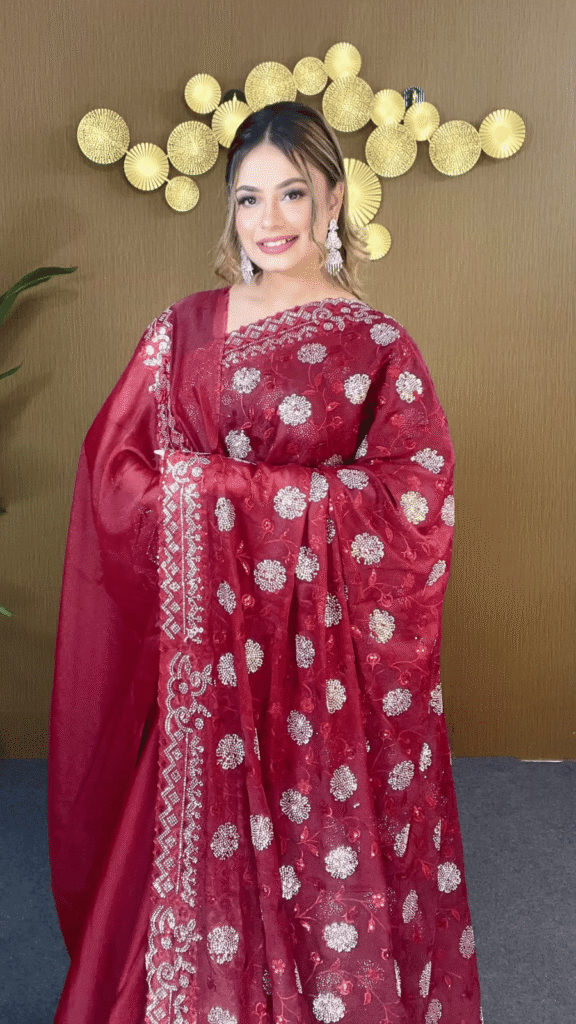 Wine Red Star Georgette Saree Silver Star Sequin Heavy Border Work 1